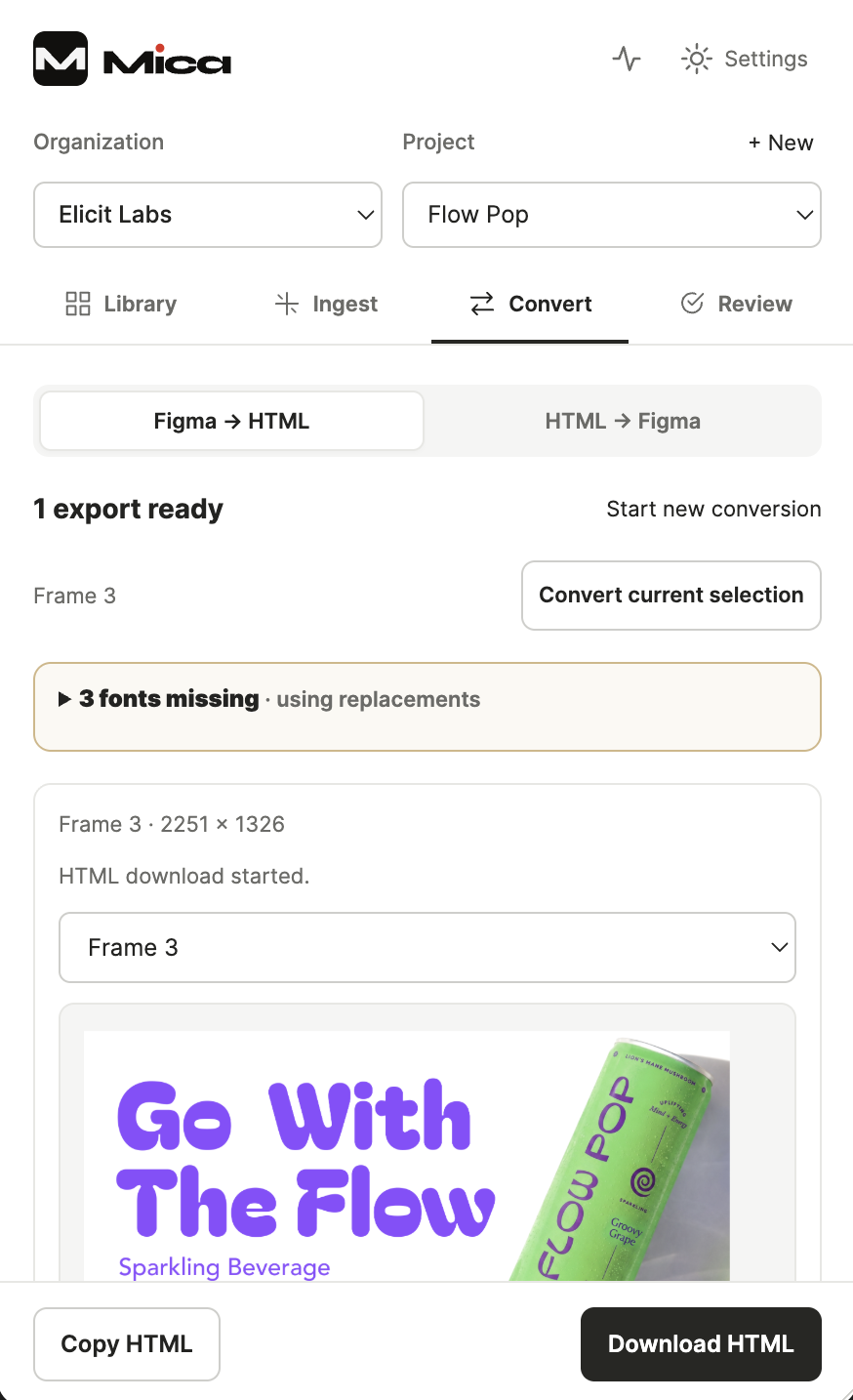 Mica Convert tab showing a Flow Pop ad export, a warning that three fonts are missing, and Copy HTML and Download HTML buttons.