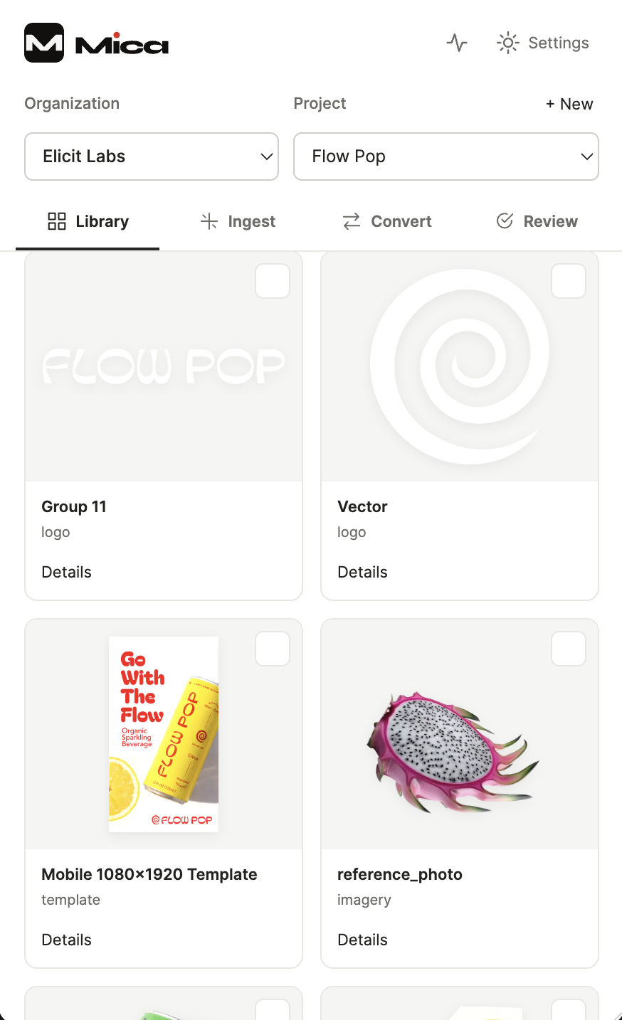 Mica Library tab showing Flow Pop logos, a mobile ad template, and a reference photo, with selection checkboxes and Details actions.